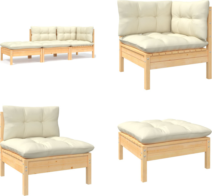 vidaXL 3 tlg. Garten Lounge Set mit Kissen in Creme Massivholz Kiefer - Garten-Lounge-Set - Garten-Lounge-Sets - Gartenmöbel-Set - Gartenmöbel-Sets