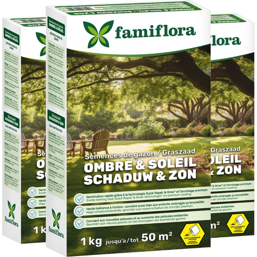 Famiflora Grassamen 3kg bis zu 150m² (3 x 1KG) - Schatten & Sonne - ideal für einen Schattenrasen - Gut für einen Rasen bis zu 50m² - Hohe Schattentoleranz - Für einen vollen & gleichmäßigen Rasen