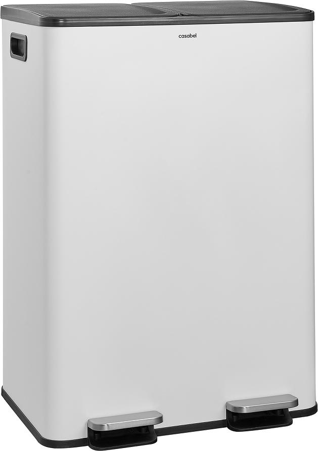 CASABEL Recycling-Mülleimer 60L - 2 x 30 Liter, Doppelfächer 2x30L, weißer Edelstahl, rechteckiger Recyclingbehälter mit Pedalen, Anti Traces, Anti Odours, Französisches Unternehmen CA5176