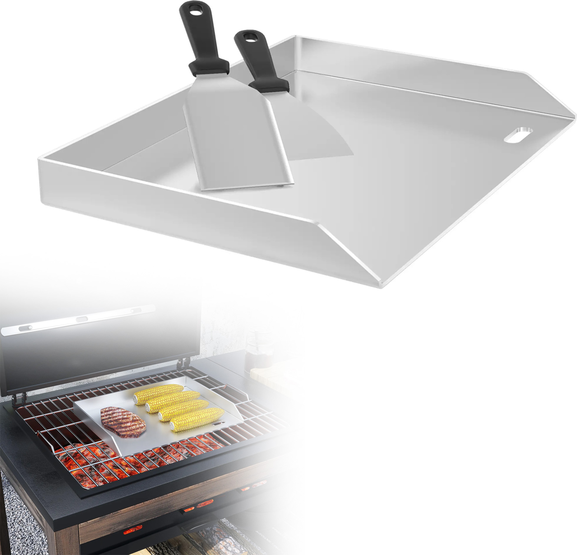 XMTECH Edelstahl Grillplatte, 30x40x4 cm, gleichmäßige Wärmeverteilung für Gas- und Kohlegrills – inkl. 2x Grillspachtel – rost- und kratzfest, ohne Henkel, ideal für Grillpartys und BBQs