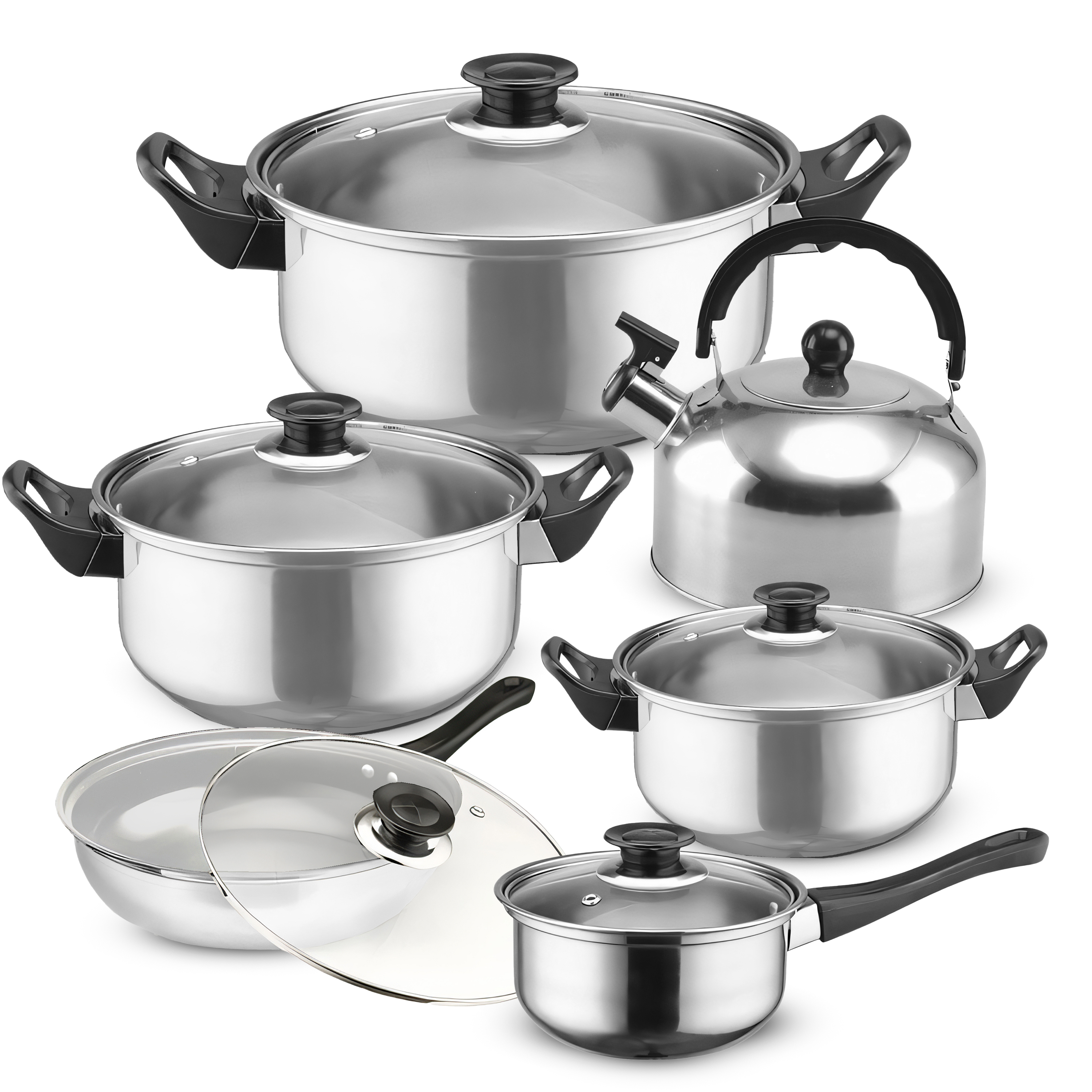 Topfset, Pfannenset mi Flötenkessel, 12-teilig | Kochtopfset | Kochtöpfe | Töpfe mit Glasdeckel | Silber, Edelstahl | Retoo OR201