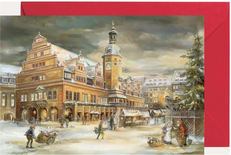 Mini adventný kalendár s motívom lipského radnice ako pohľadnica, 11,5 x 17 cm
