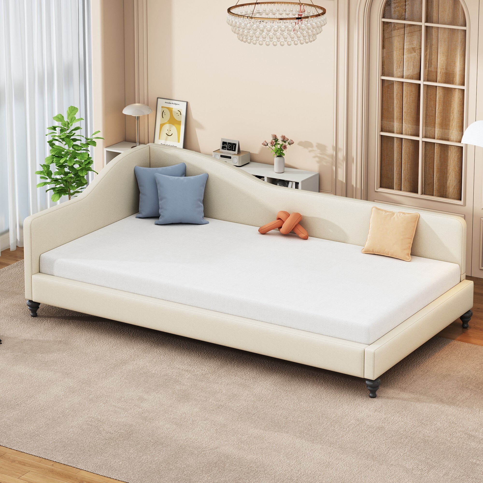 okwish Schlafsofa Daybett 90x200cm mit Lattenrost aus Holz, Tagesbett Kinderbett Jugendbett mit Rückenlehne(Ohne Matratze)- Beige