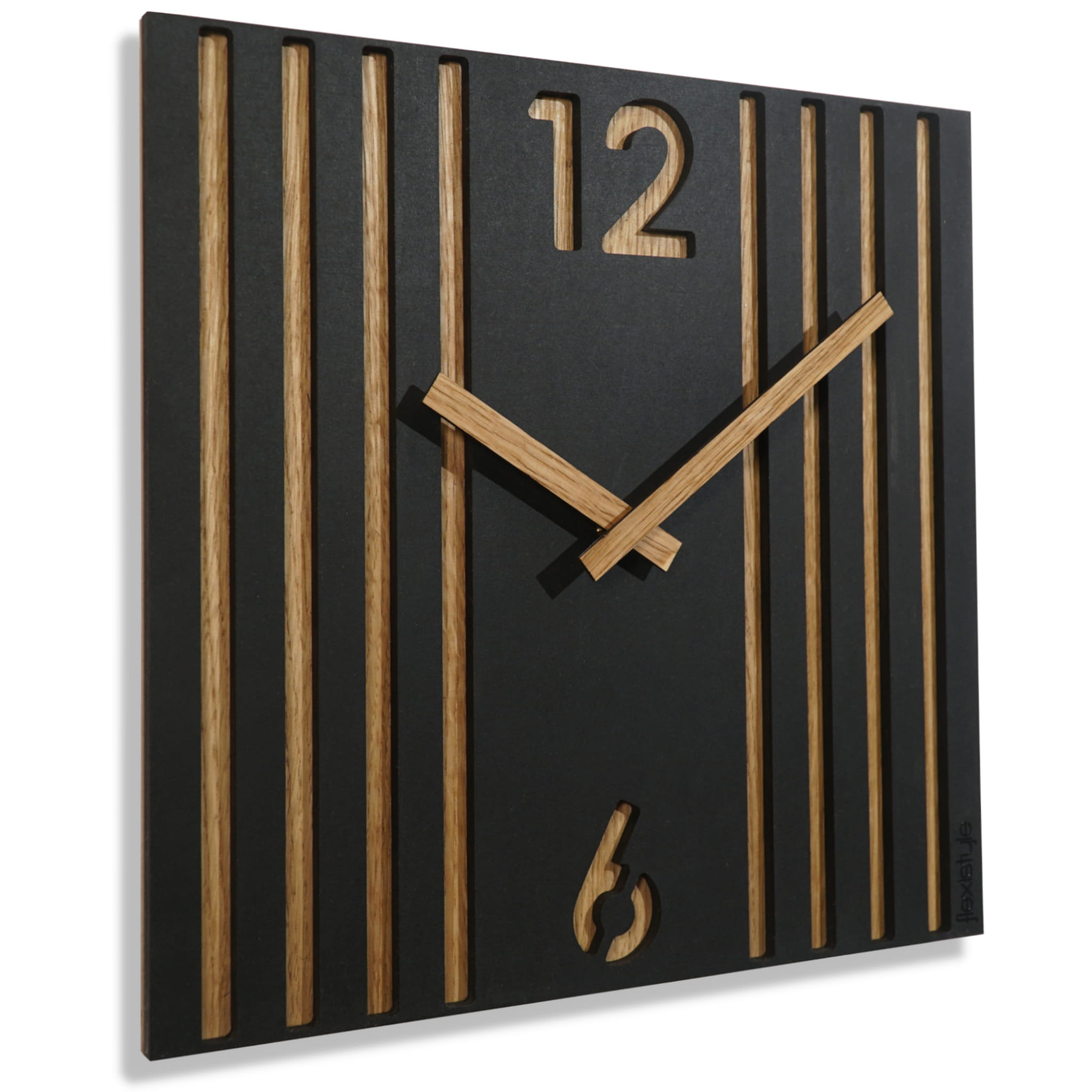 FLEXISTYLE Quadratische Wanduhr ohne tickgeräusche modern LAMELLE 30cm schwarz/eiche