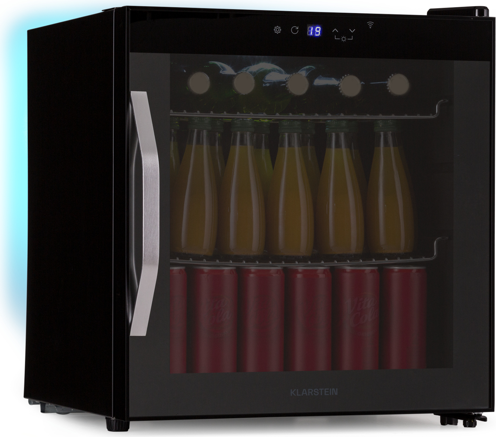 Klarstein Coachella 50 Onyx Getränkekühlschrank Mit Glastür - 47 L, WLAN, 3-18 °C, LED-Innenbeleuchtung, Touch-Bedienfeld, 7-Farbige Hintergrundbeleuchtung, 2 Metallböden, Schwarz HEA-Coachella50-OX-E