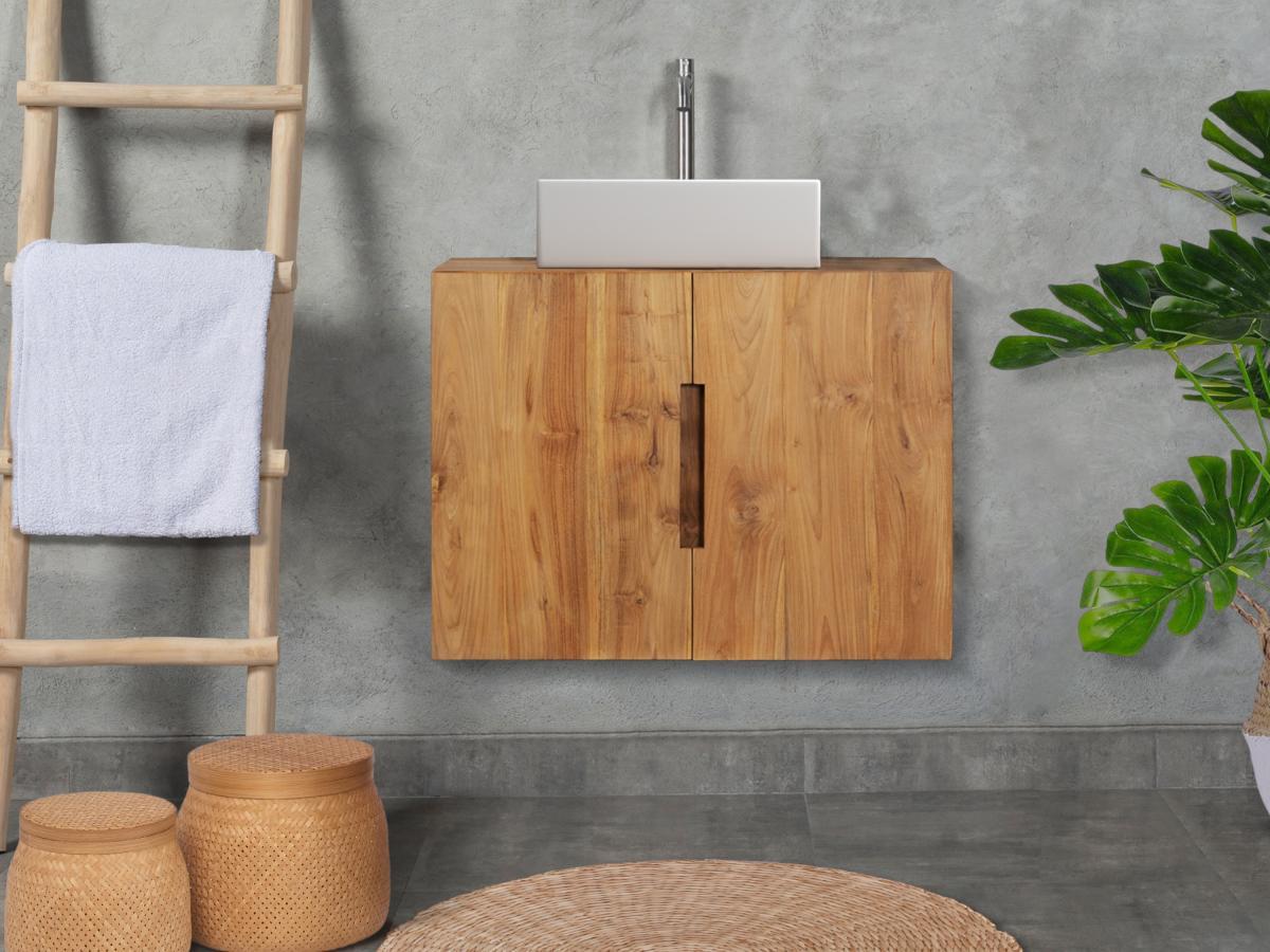 Vente-unique Wandbadezimmerschrank aus Teakholz mit Einzelwaschtisch - 80 cm - SAWAN