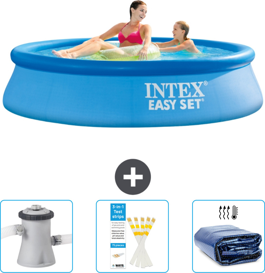 Okrúhly nafukovací bazén Intex Easy Set - 244 x 61 cm - modrý - obsahuje filtračné čerpadlo pre bazén - testovacie prúžky - slnečnú striešku