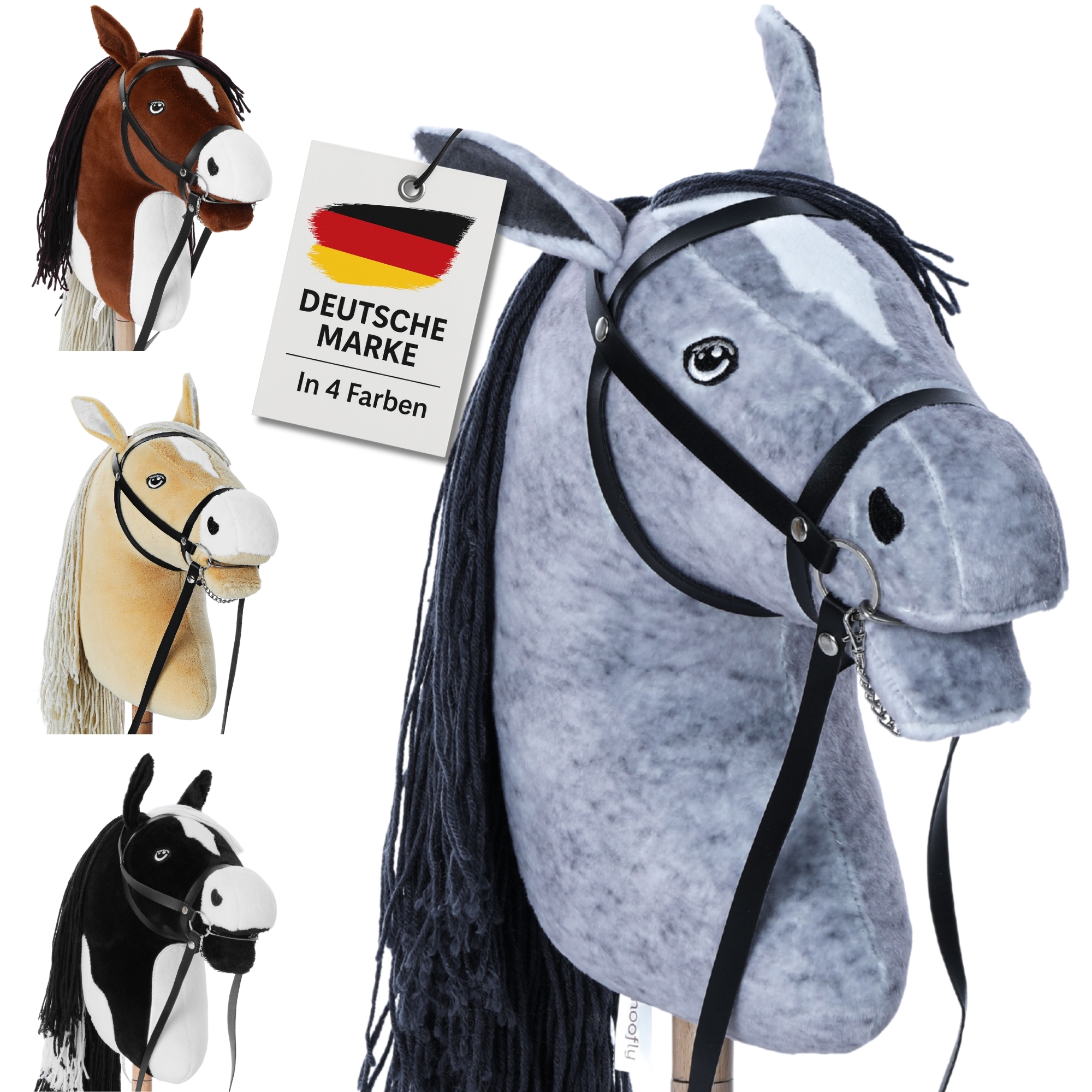 Hoofly Hobby Horse Gris – Grand Cheval Bâton Avec Tige Dévissable – Bride Incluse – 4 Designs Disponibles – Cadeau Parfait Pour Petits Cavaliers (Dès 3 Ans)