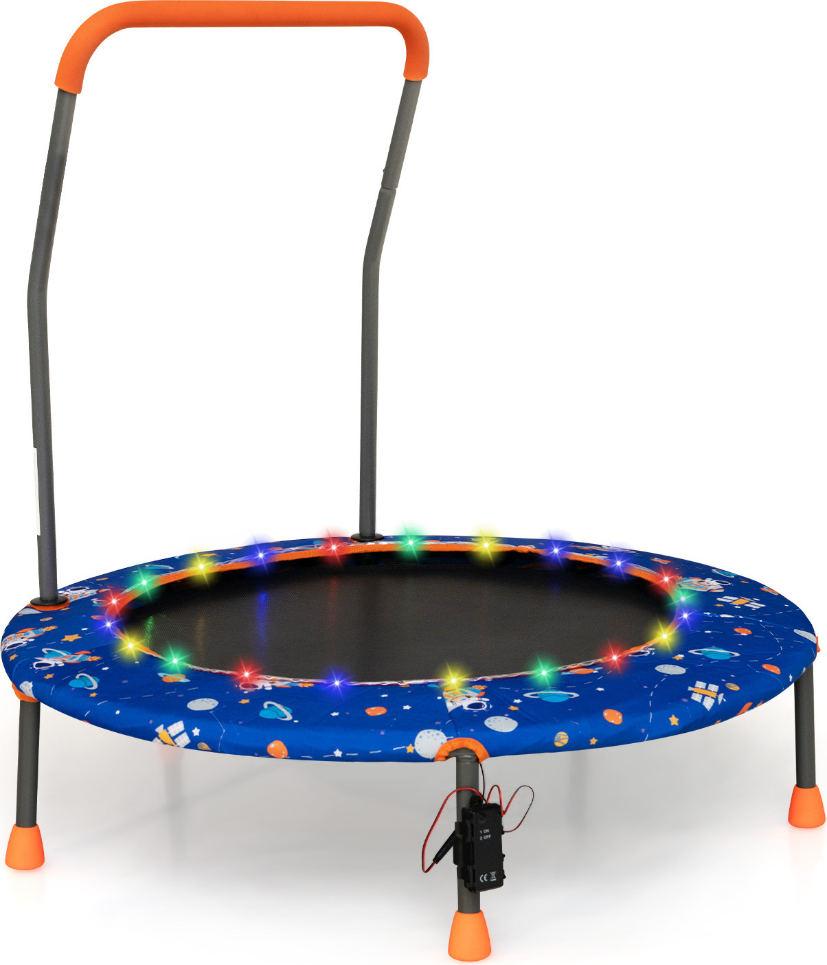 COSTWAY Ø92 cm detská trampolína, mini trampolína s LED osvetlením a odnímateľnou rukoväťou Modrá