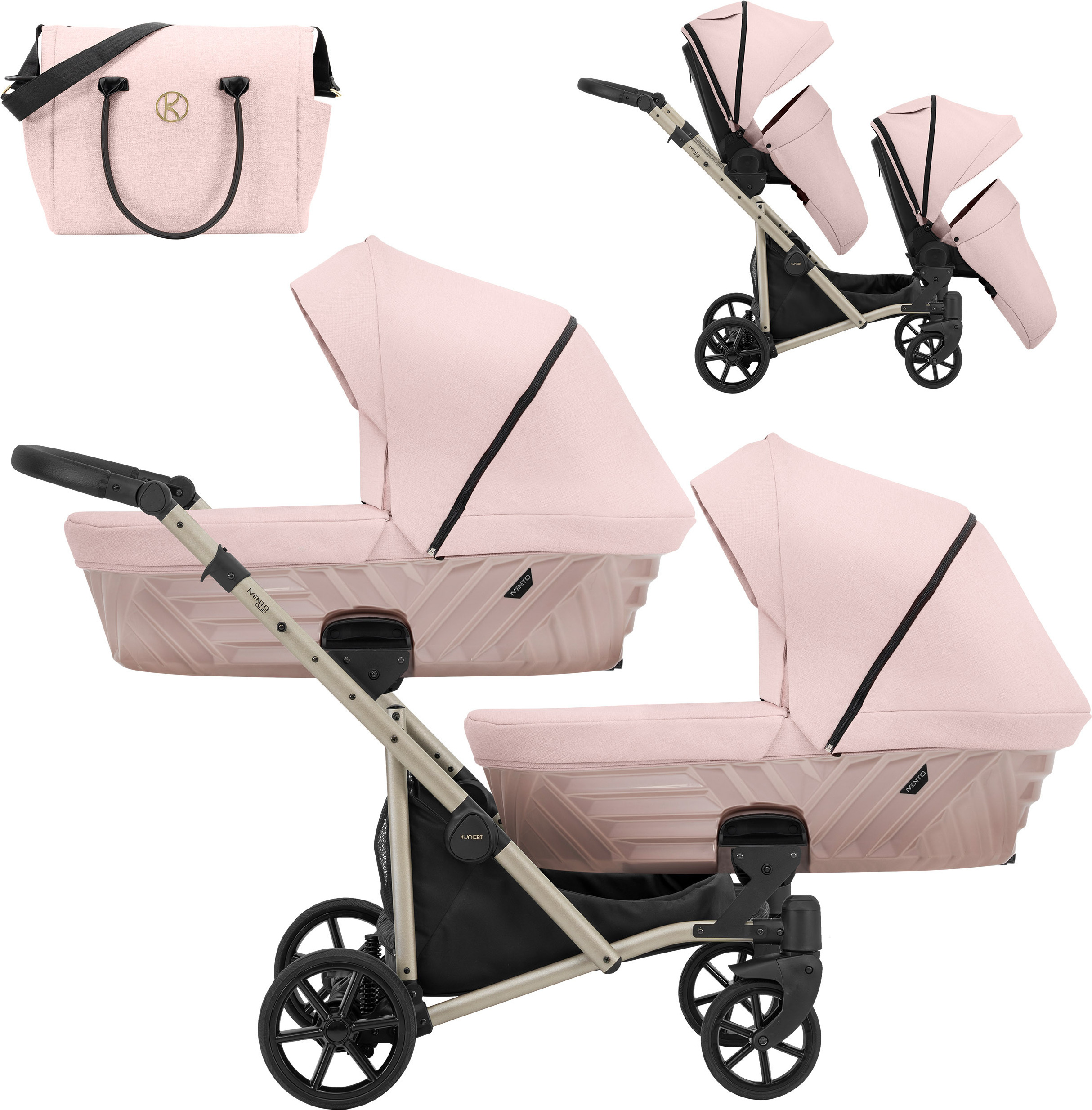 Kinderwagen IVENTO DUO 2 in 1 Komplettset Zwillingskinderwagen Geschwisterwagen Zwillingsbuggy Doppelkinderwagen (Smoky Pink, Rahmenfarbe: champagne)