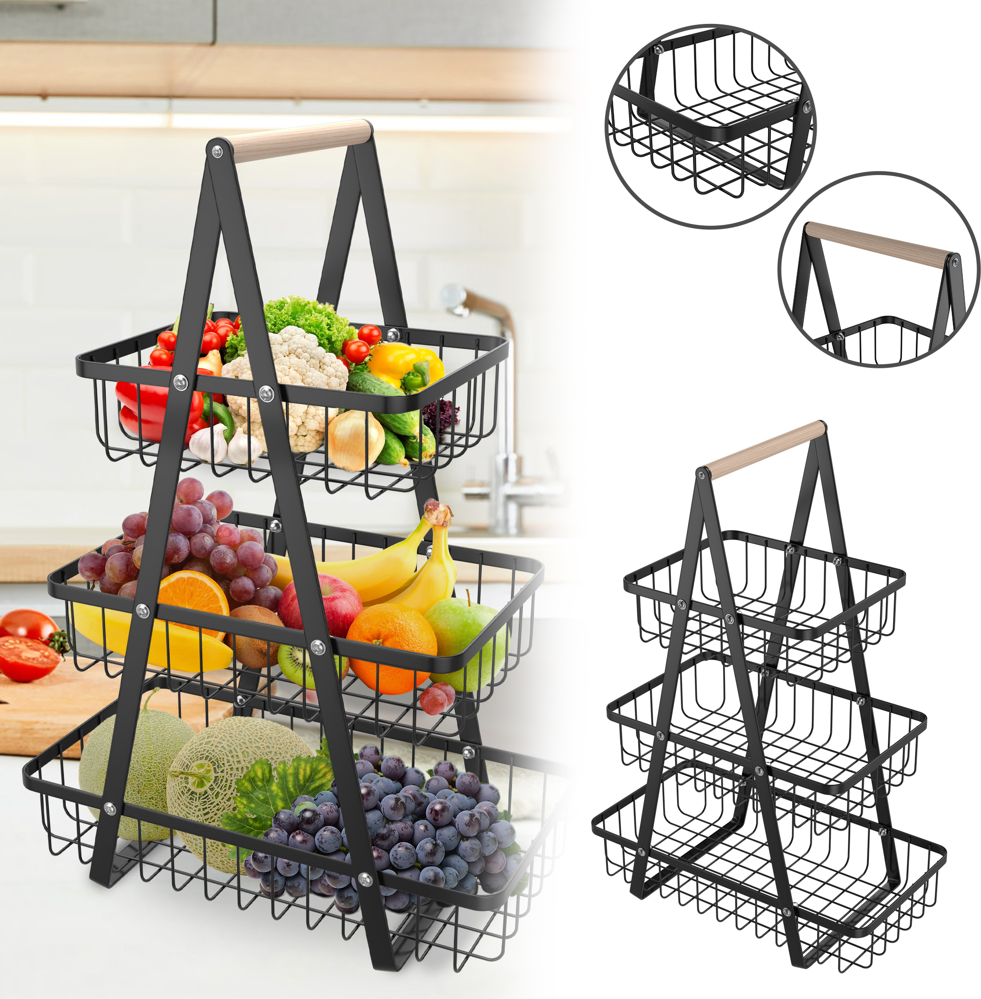 2-stckige Obst Etagere Wei Mit Holzgriff - Praktischer Metall Obstkorb  Fr Kche