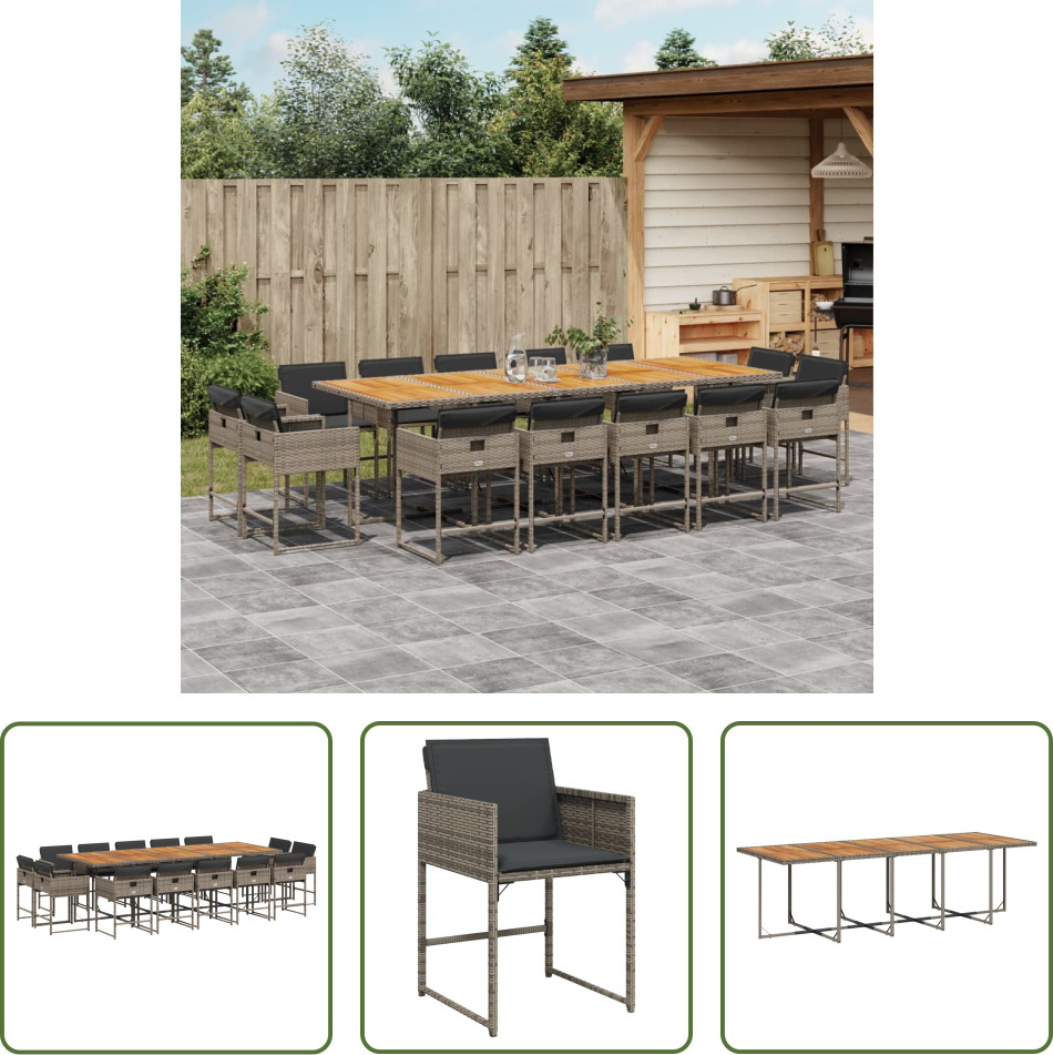 The Living Store 15-dielny záhradný jedálenský set s vankúšmi sivý polyratan