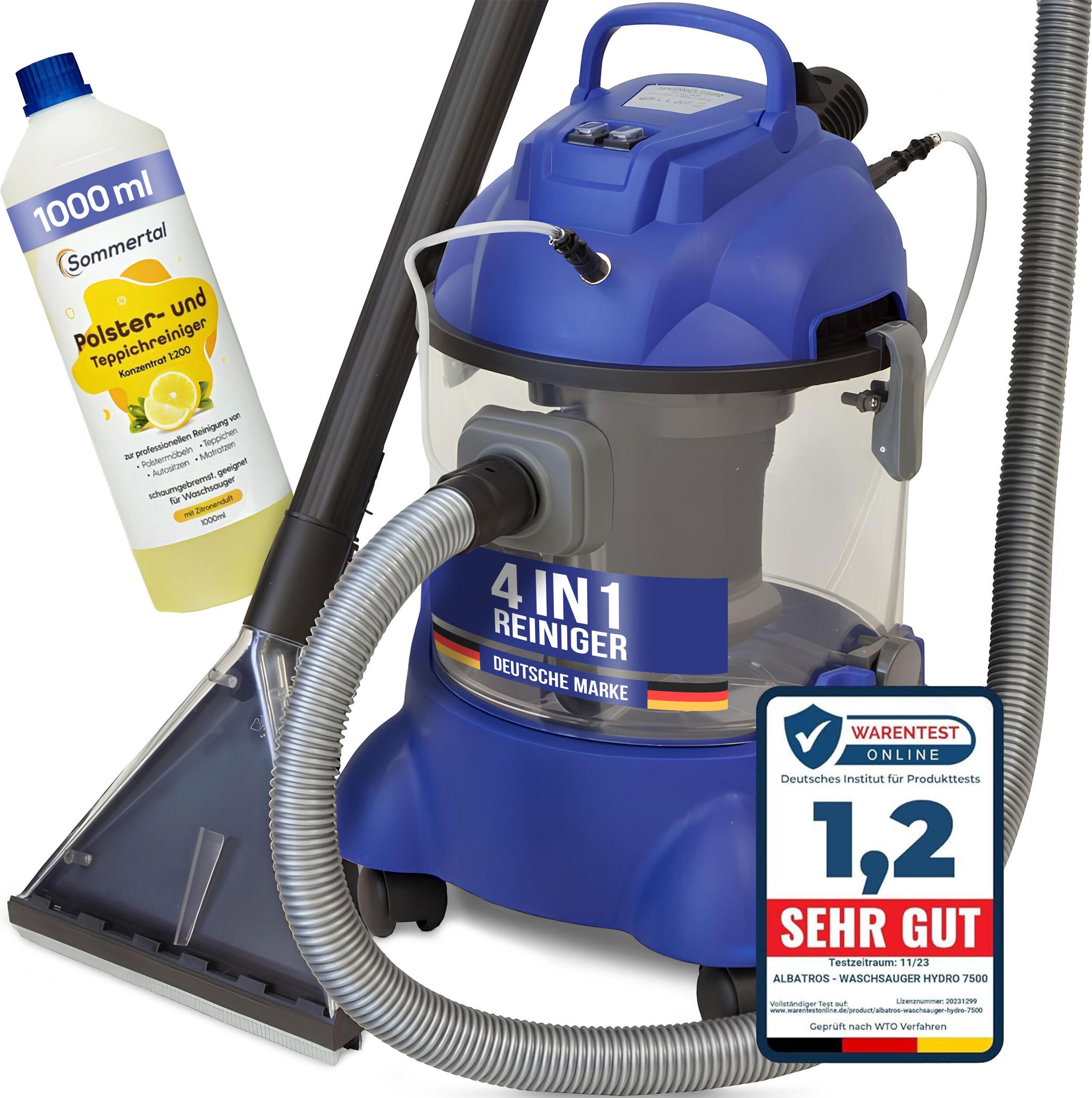 ALBATROS XXL umývací vysávač Hydro 7500 + 1L čistič - 4v1 čistič čalúnenia čistič kobercov, bezvreckový 1200 Watt, objem 20l, sací výkon 22 kPa - veľmi dobrý