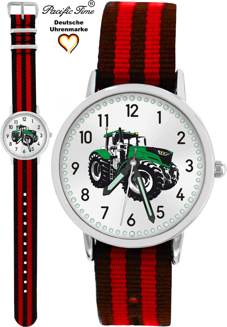 Pacific Time Kinder Armbanduhr Traktor Trecker grün Wechselarmband schwarz-rot 87650