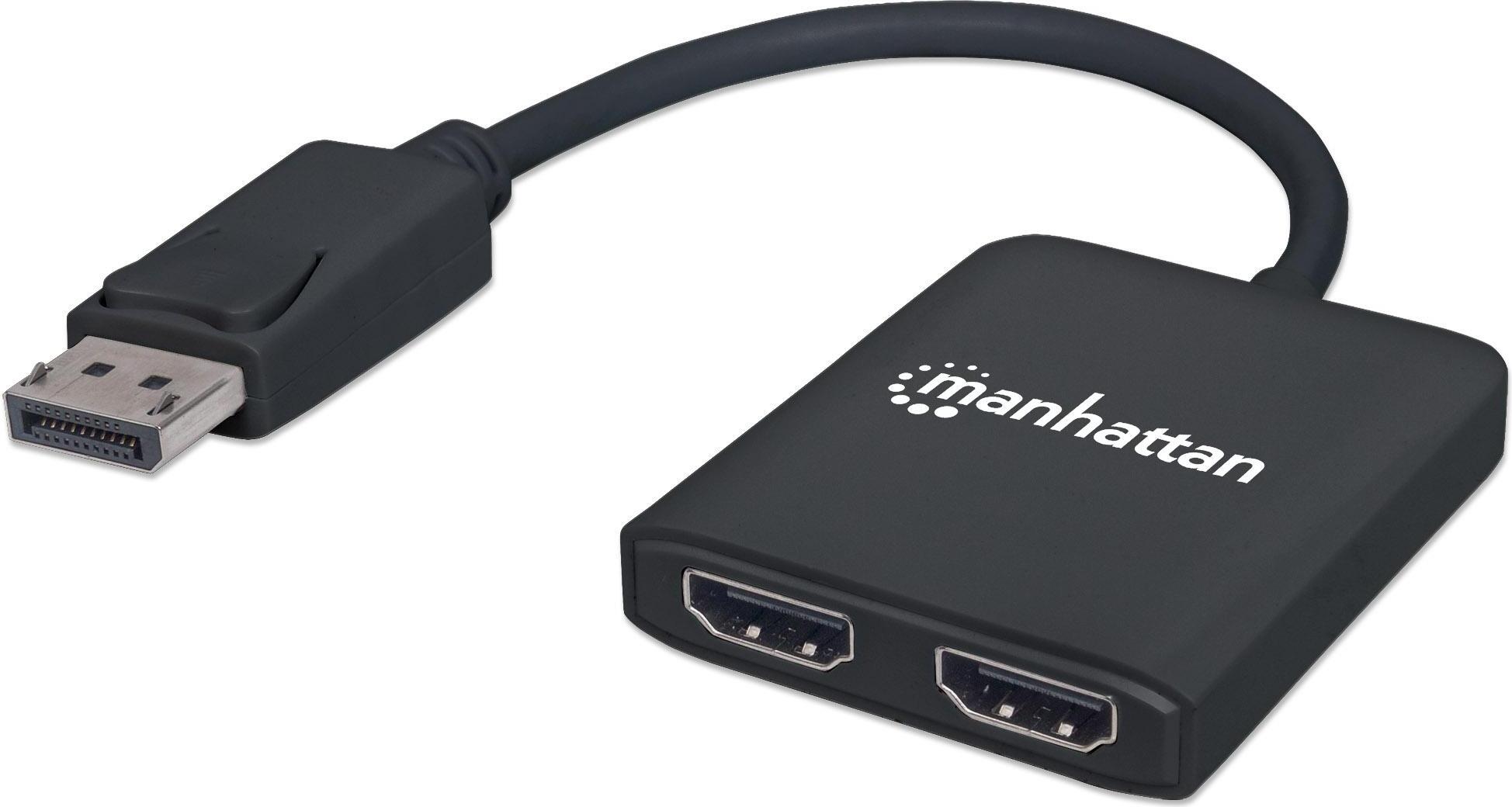 Manhattan DisplayPort 1.2 to 2-Port HDMI Splitter Hub with MST, 4K@30Hz, USB-A Powered, Video Wall Function, HDCP 2.2, Black, Three Year Warranty, Blister - Videoadapter - DisplayPort, Micro-USB Typ B zu HDMI weiblich - Schwarz - 4K Unterstützung