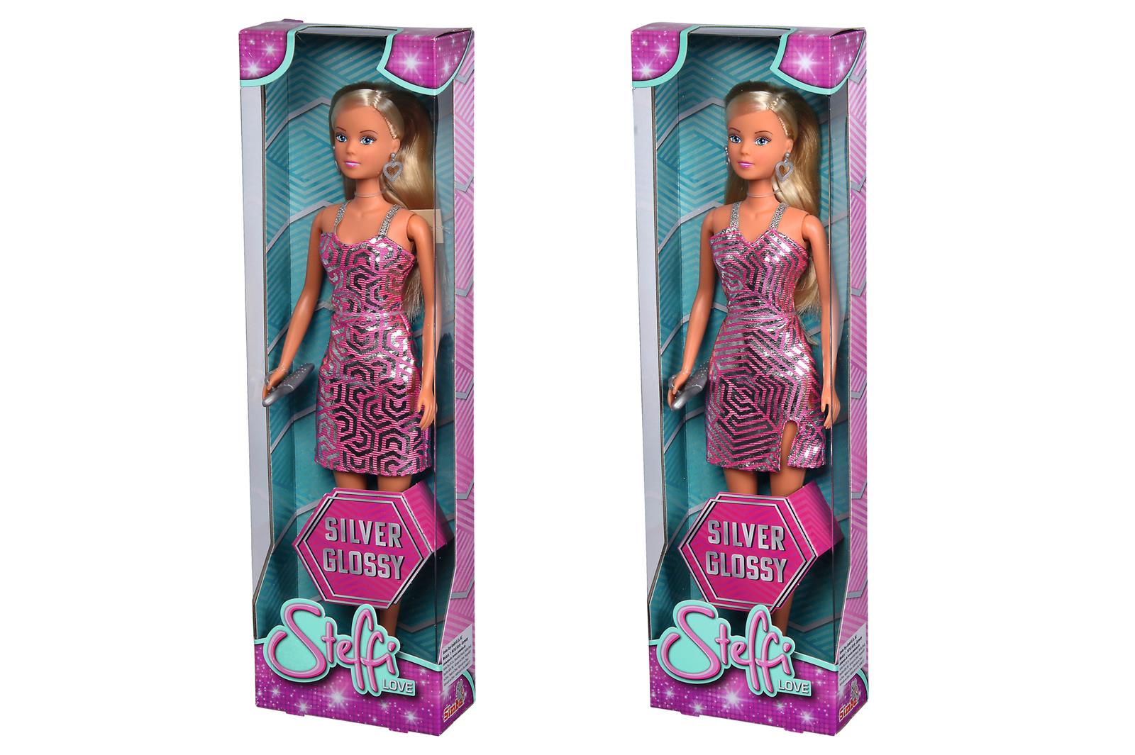 Simba 105733557 - Steffi Love Silver Glossy, Ankleidepuppe in einem coolen Glitzerkleid mit Ohrringen und Clutch, 2-Fach Sortiert, es wird nur ein Artikel geliefert, Puppe 29cm, ab 3 Jahren