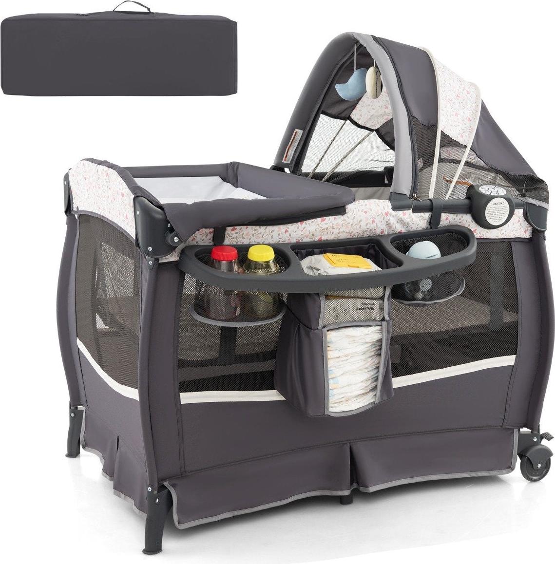 Northix 4 in 1 Reisebett mit Matratze Beistellbett klappbar mit verstellbaren Vordach Blumen