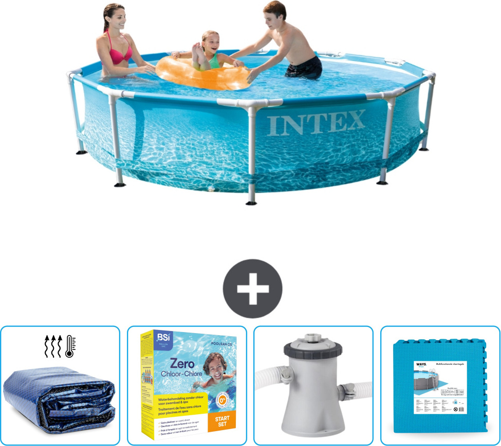Bazén Intex s okrúhlym rámom - 305 x 76 cm - tlak vody - slnečná strieška v cene - balík na údržbu - filtračné čerpadlo pre bazén - dlažba
