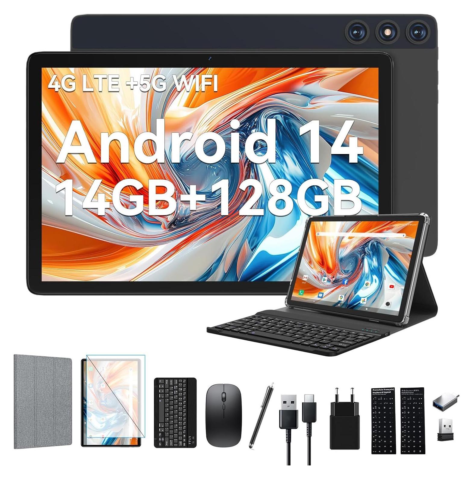 Android 14 Tablet 10 palcov, 4G LTE Tablety s 2 SIM 1 SD slot, 5G Wifi Tablet PC s 14GB + 128GB (1TBTF), 3 v 1 Tablet s klávesnicou Myš-Octa-core, 1080FHD