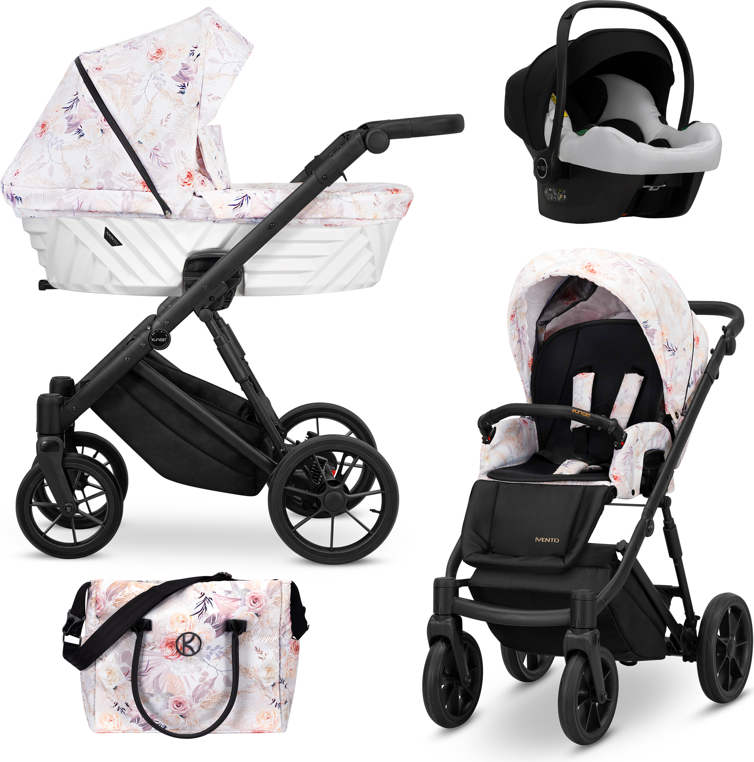 Kunert Kinderwagen IVENTO Sportwagen Babywagen Babyschale Komplettset Kinder Wagen Autositz Set 3 in 1 (Delicate Flowers, Rahmenfarbe: Schwarz)