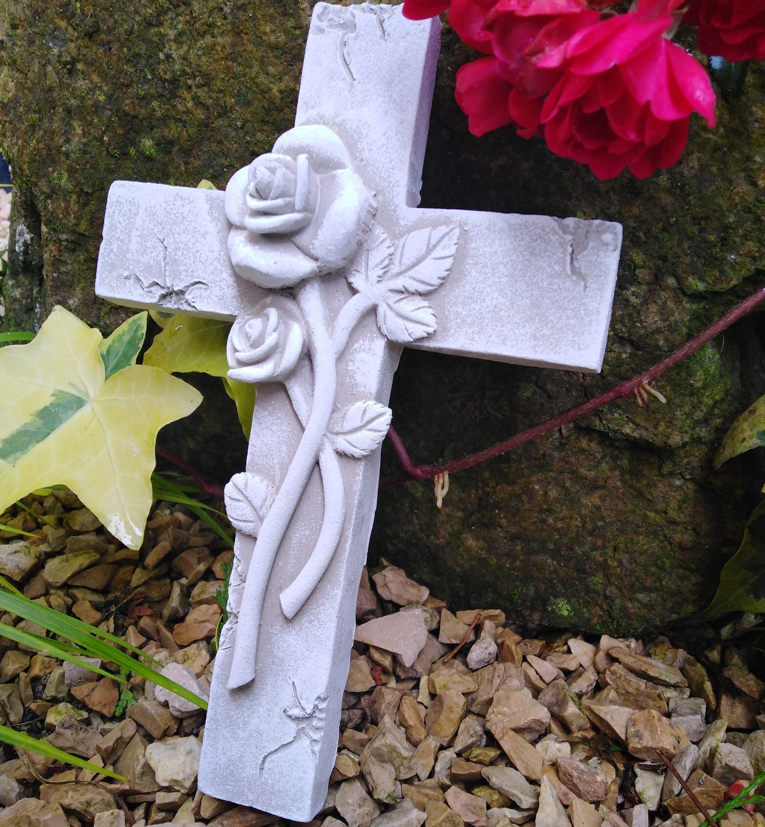 AS Grabschmuck Kreuz Grabkreuz Grab 3D Rose Grabengel Gedenkstein Grabschmuck Grabdeko