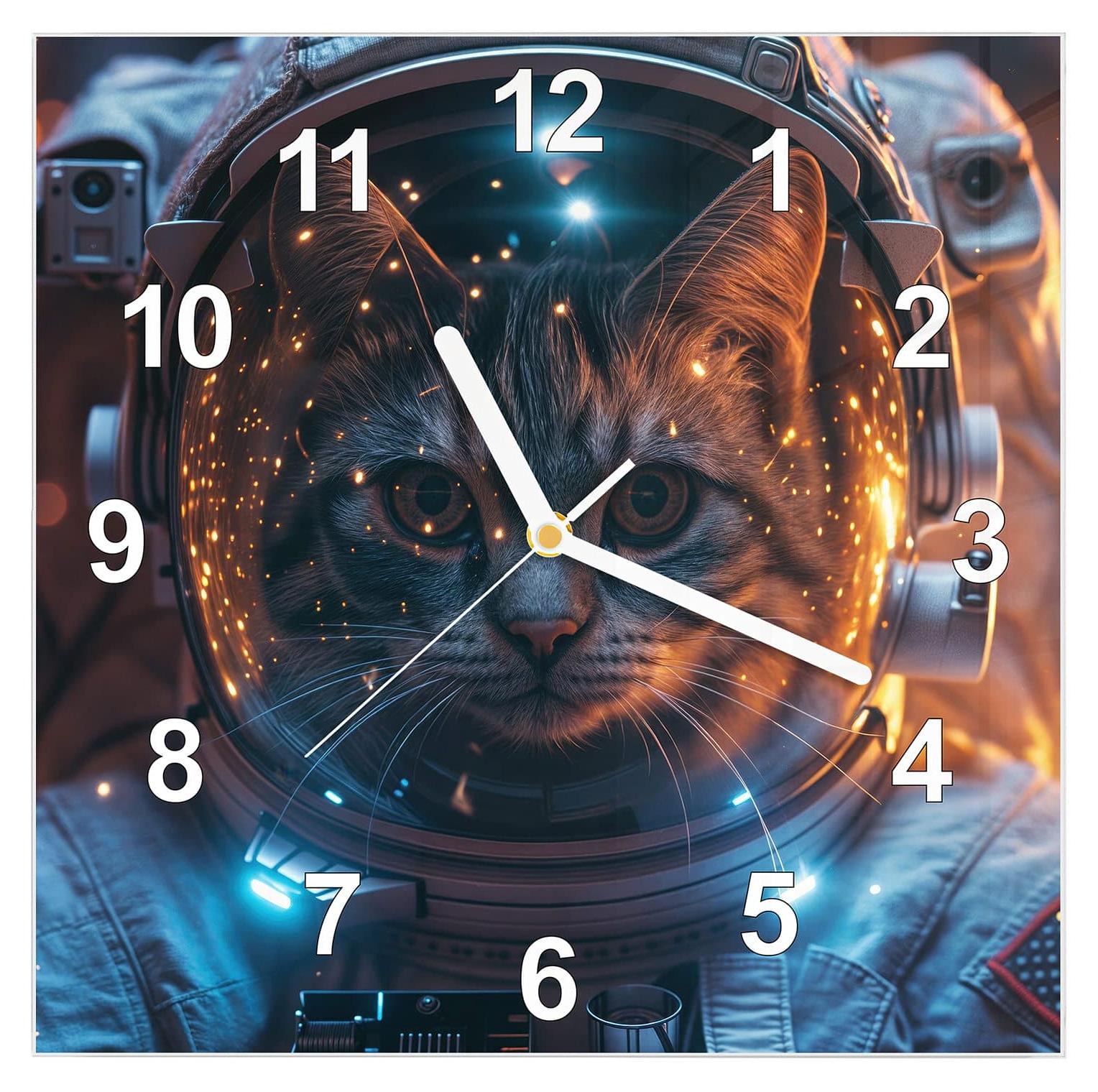 Primedeco Wanduhr aus Glas mit Motiv Katze im Raumanzug- 30 x 30 cm - inkl. Aufhängesystem