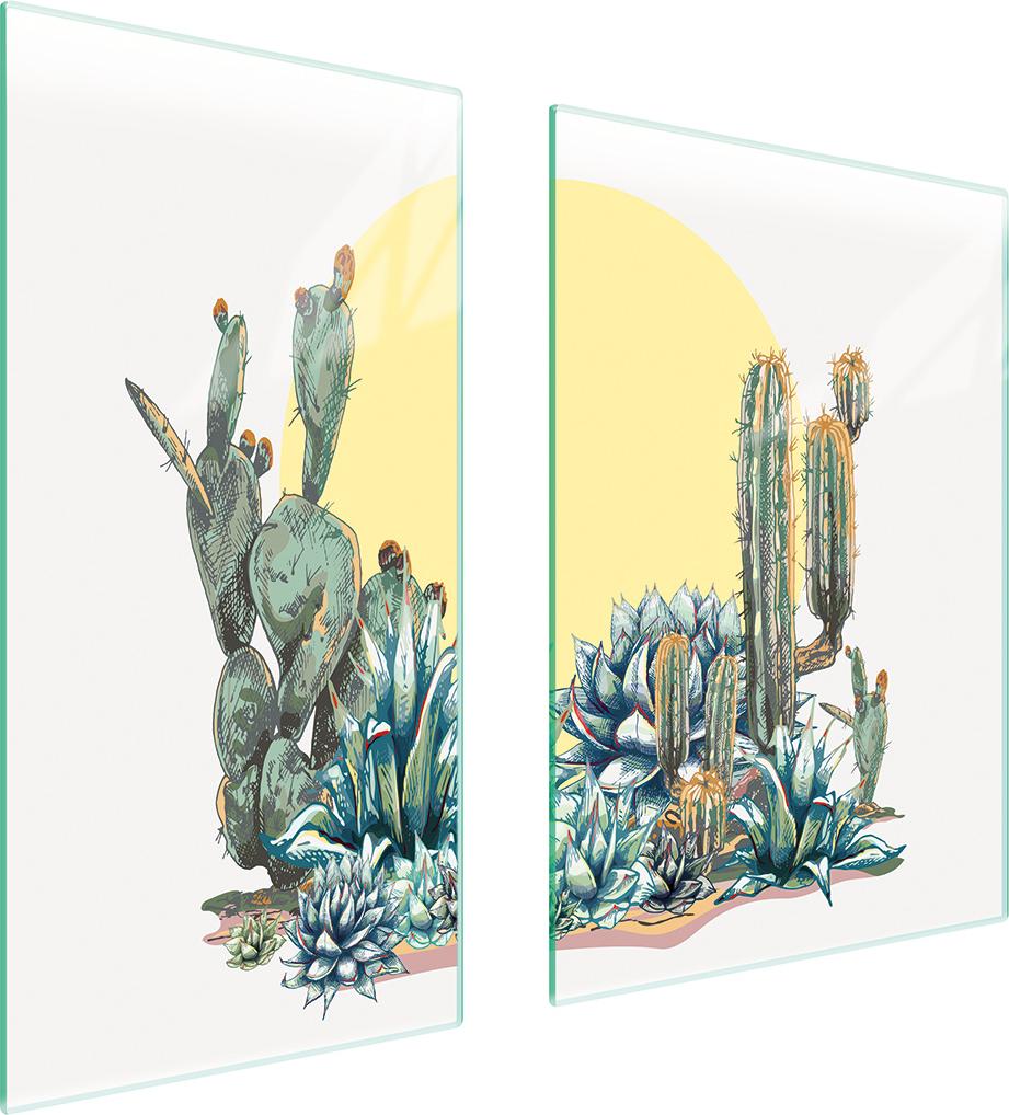 TMK ArtDeko Herdabdeckplatten 2 teilig 75x52 Ceranfeld Abdeckung Glas Schneidebrett Kaktus Gelb