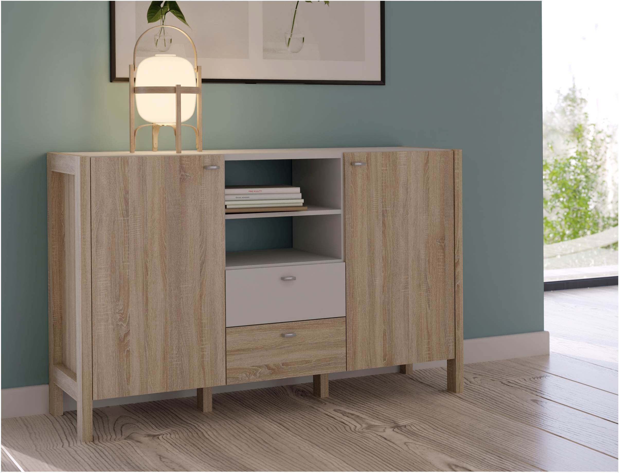 Sideboard HOYVIK 2-trg. 2 Schubladen Optik: Sonoma Eiche / Weiß, Forte