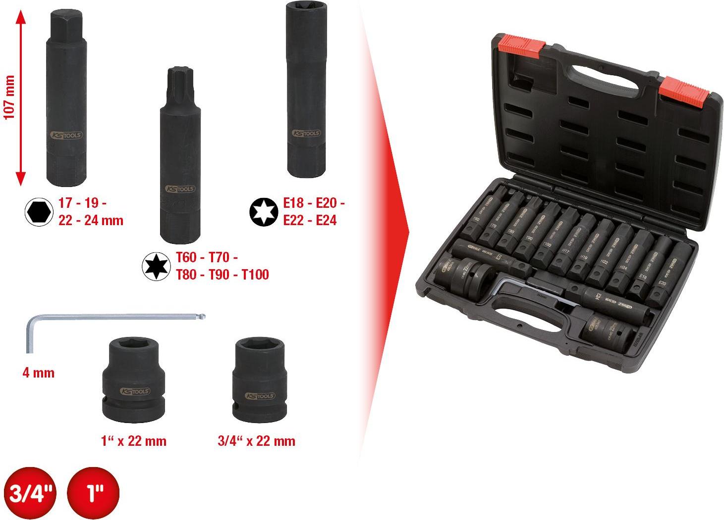 KS Tools 3/4"+1" Kraft-Wechsel-Stecknuss- und Bitstecknuss-Satz, 16-tlg - 450.0420