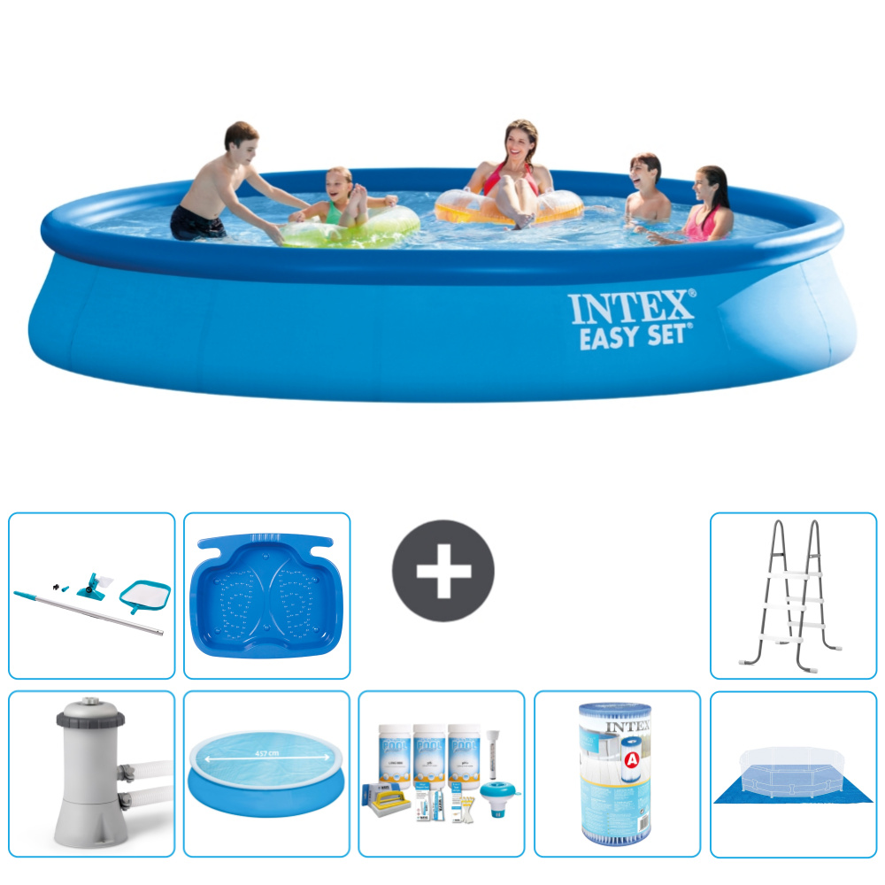 Okrúhly nafukovací bazén Intex Easy Set - 457 x 84 cm - modrý - vrátane markízy s čerpadlom - balík na údržbu - filter - podložka - čistiaca súprava - rebrík