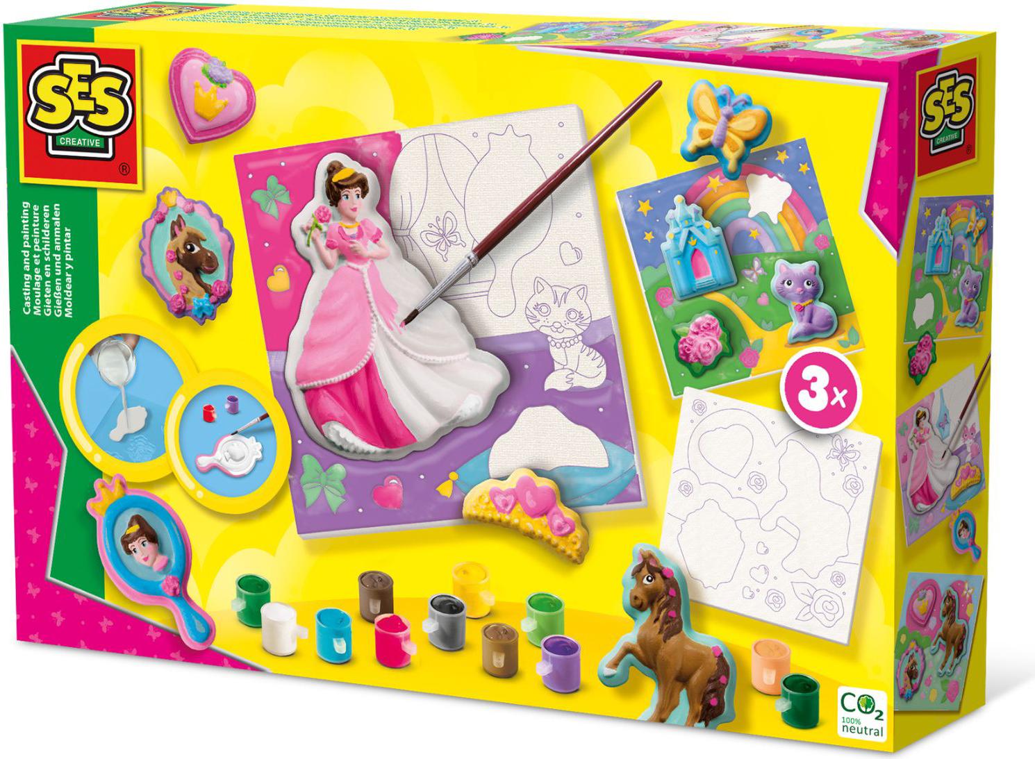 SES Creative 01349 - Gips Gieen Bastelset - Prinzessinnen auf Leinwnden 3X, Detaillierte Form und helle Farben, Schnell trocknender Gips, Fr Kinder ab 5 Jahren