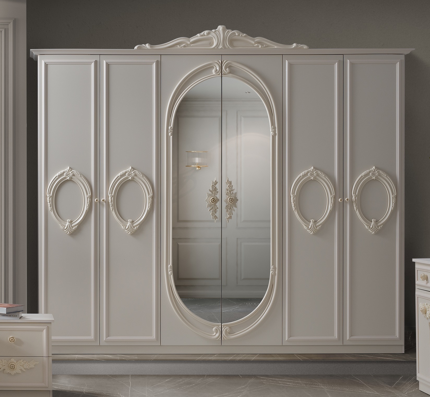 FPM Barock Kleiderschrank Nora 6-Türig in Weiß / Beige
