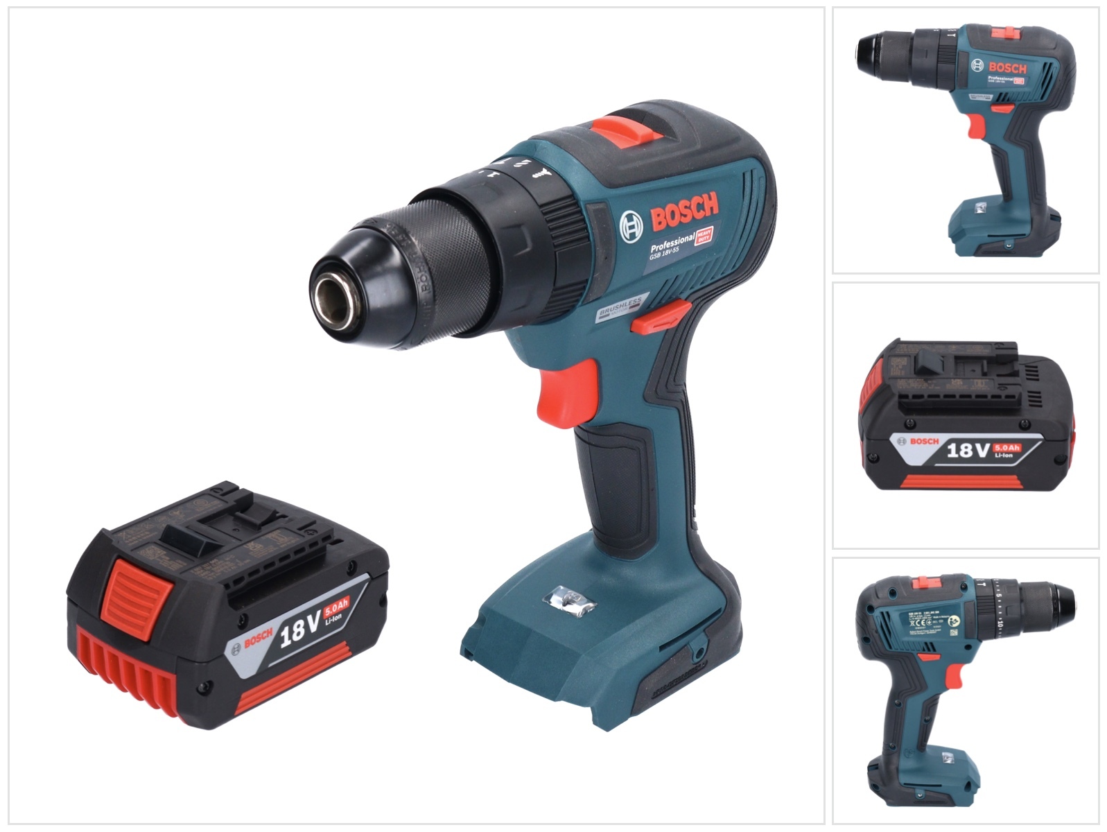 Bosch GSB 18V-55 Profesionálna akumulátorová príklepová vŕtačka 18 V 55 Nm bez kefiek + 1x akumulátor 5,0 Ah - bez nabíjačky