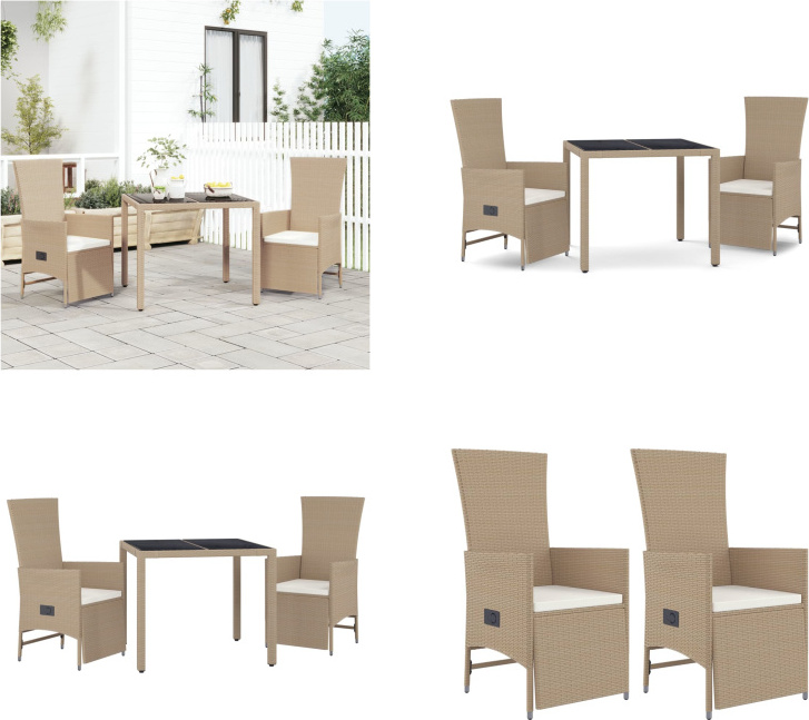 vidaXL 3 tlg. Garten Essgruppe mit Kissen Beige Poly Rattan - Garten Essgruppe - Garten Essgruppen - Essgruppe - Essgruppe Terrasse
