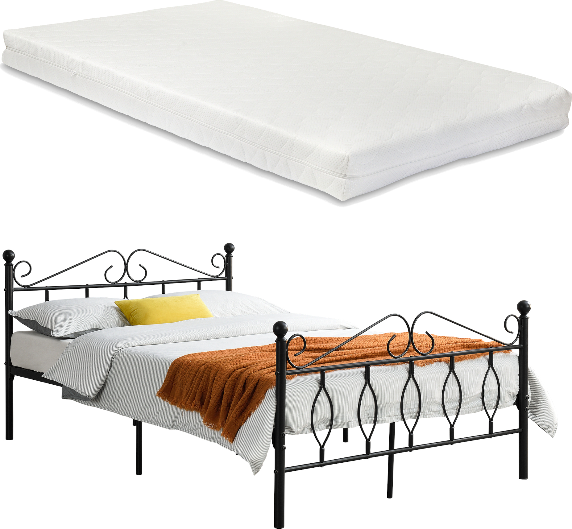 Metallbett Apolda 140x200 cm Jugendbett mit Matratze und Lattenrost Doppelbett mit Kaltschaummatratze bis 300kg Schwarz [en.casa]