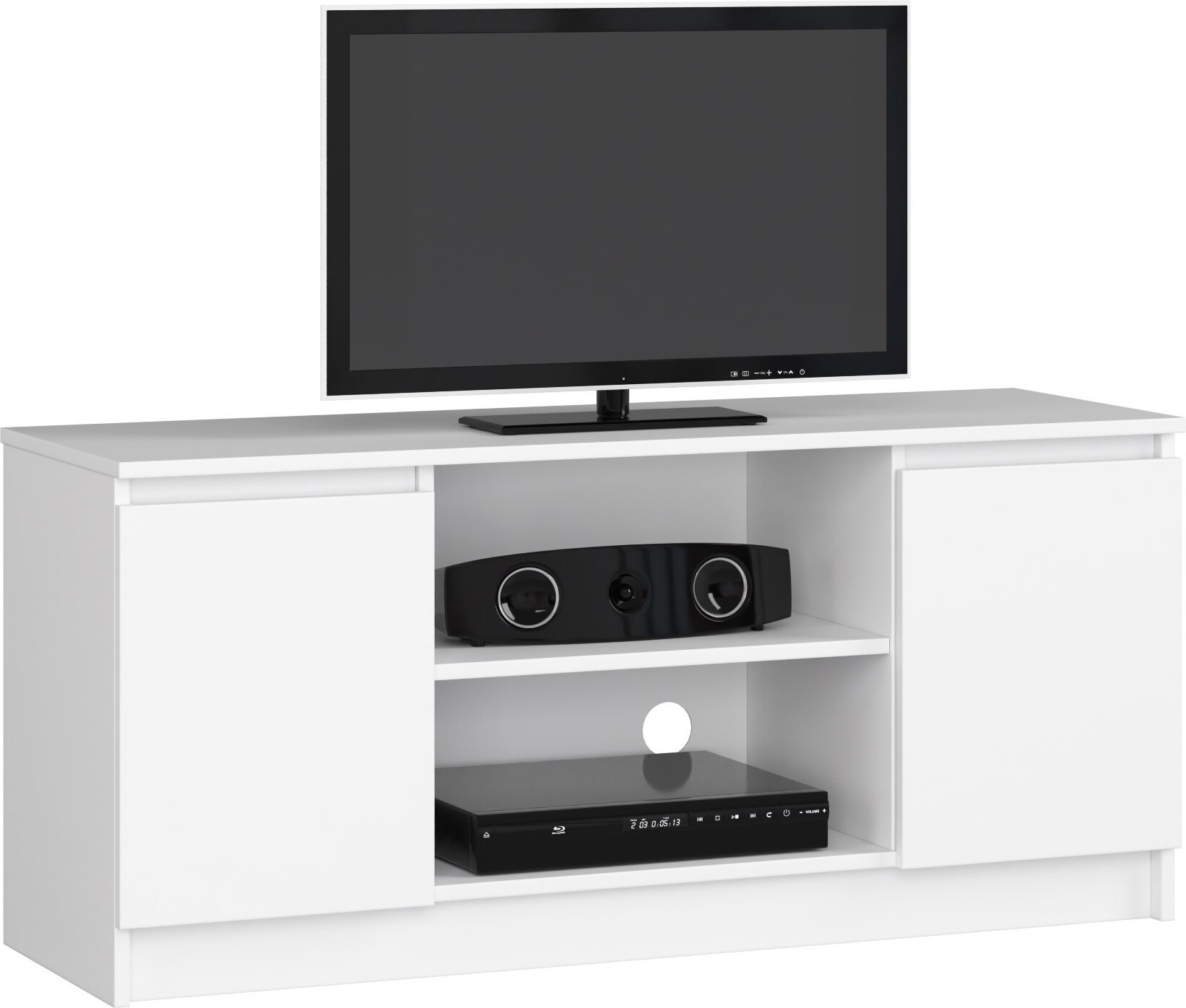 TV Schrank AKORD Fernsehkommode 120 cm Weiß 2 Türen 2 Ebenen B120 x H55 x T40 cm OP0LRTVBIA003