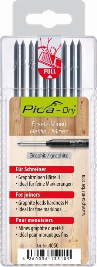 Mine Secche Falegnameria Pica PM 4050 2 FA - Set Mine Dry Per Marcatore Legno, Durezza H, 20 Pezzi Mine Grafite H Falegnameria