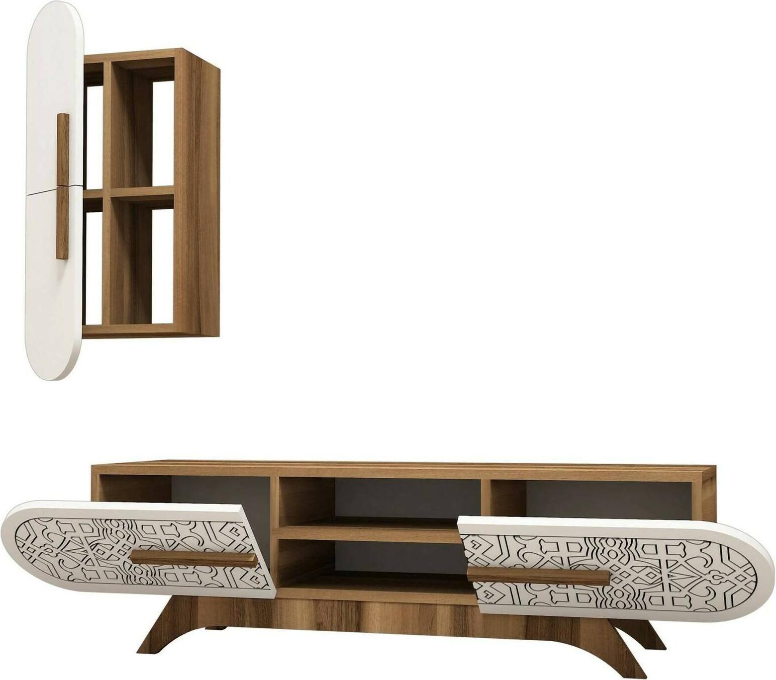 Dmora Wohnzimmermöbel Nemb, Modulares Wohnzimmerset, Mehrzweck-Wohnzimmermöbel, Moderner TV-Schrank, 145x35h37 cm, Walnuss und Weiß