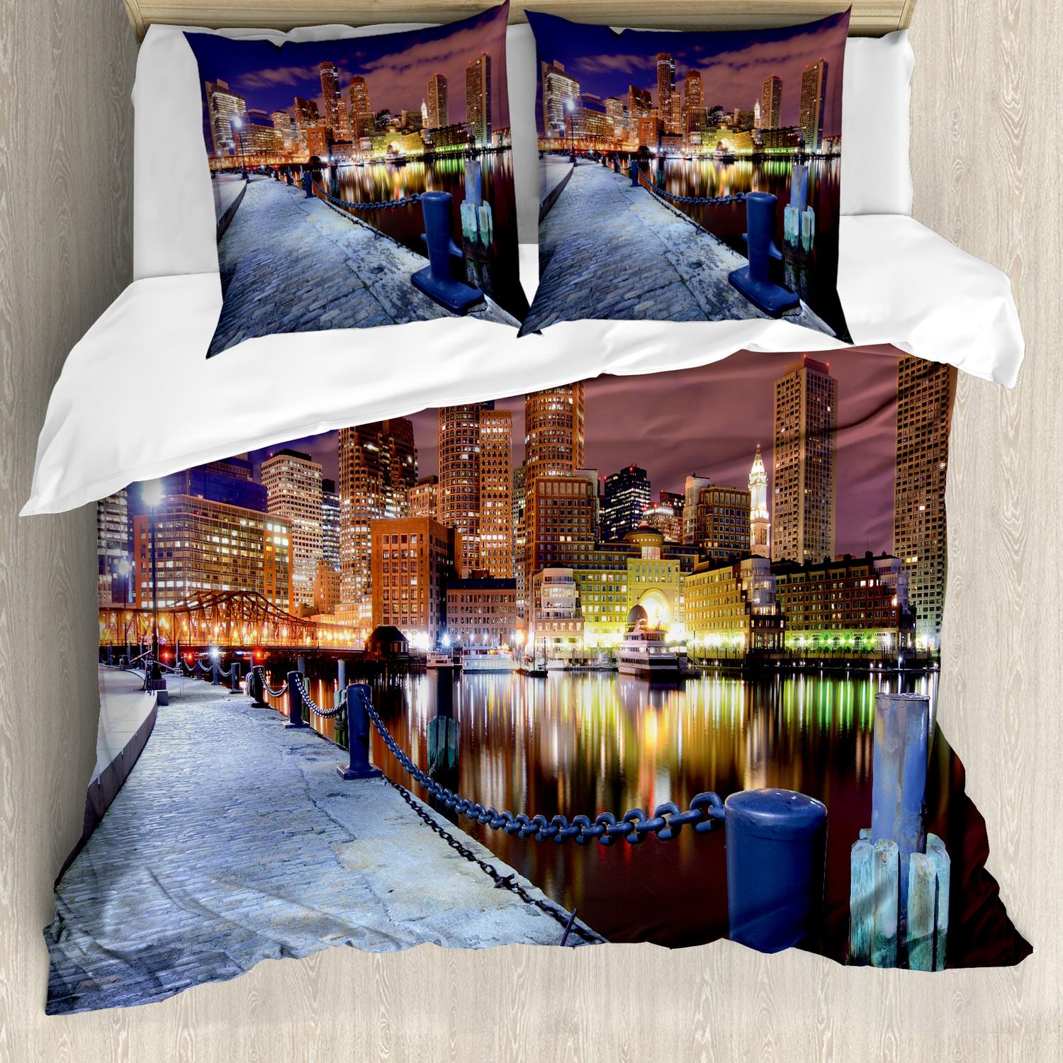 KOZMOS TEKSTL VE GER DÖNÜÜM SANAY TCARET LMTED RKET ABAKUHAUS Massachusetts Bettbezug Set, Bankenviertel von Boston Harbor Fotografie Stadt Moderne Architektur, 200 x 200 cm + 80 x 80 cm, Mehrfarbig nevde_98052_200x200_de