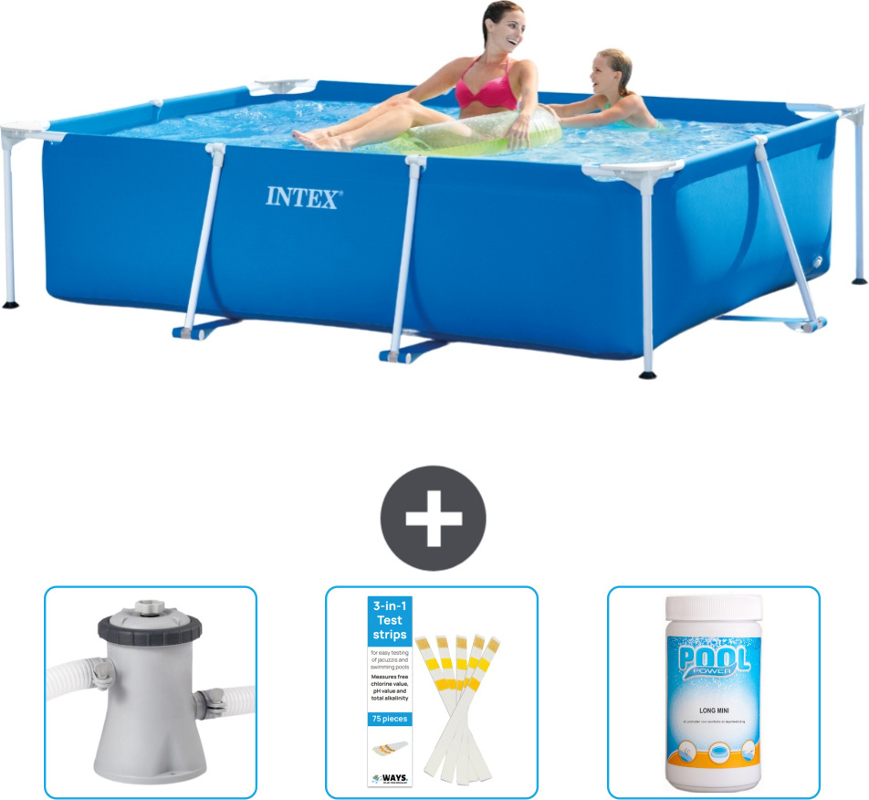 Bazén Intex s obdĺžnikovým rámom - 220 x 150 x 60 cm - Modrý - Súčasťou dodávky je filtračné čerpadlo pre bazén - Testovacie prúžky - Chlór