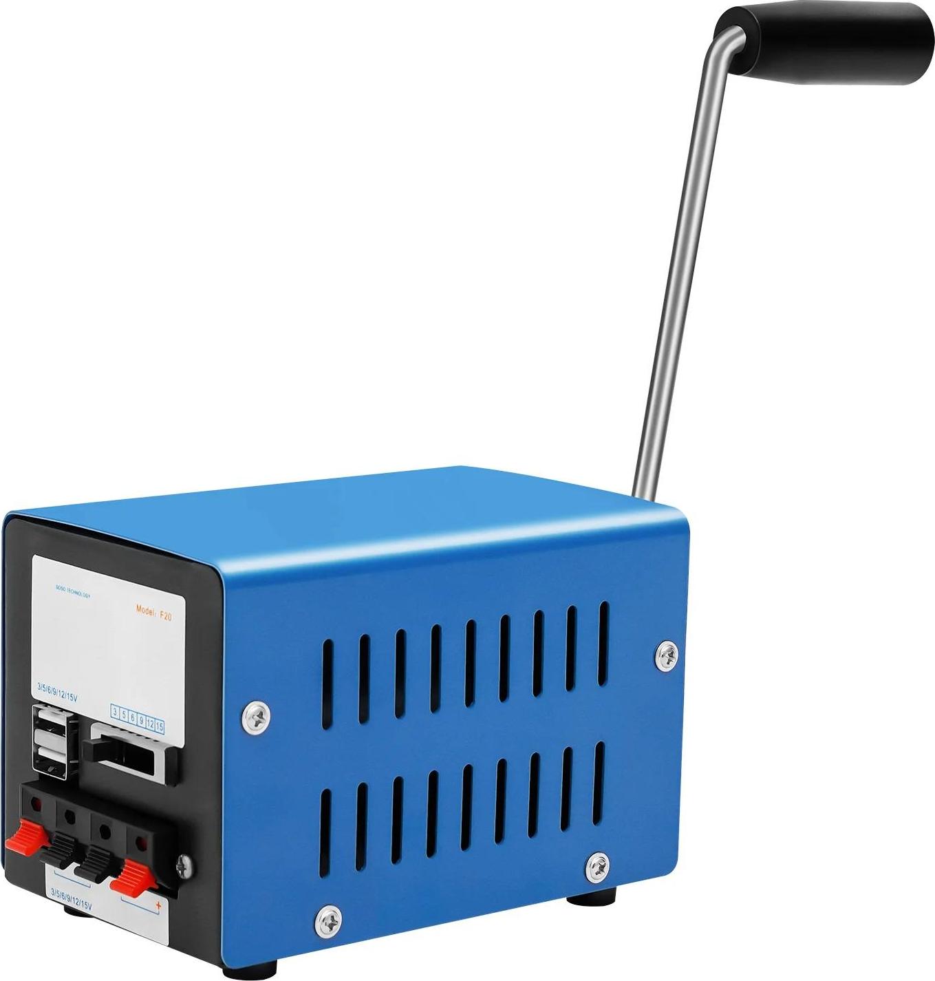 StarTech Handkurbel-Generator - F20 - Leistung 20 W - Max. 28 V - Ausgänge 3–15 V - Größe 12,7×8,6×8,8 cm - Metall - Blau