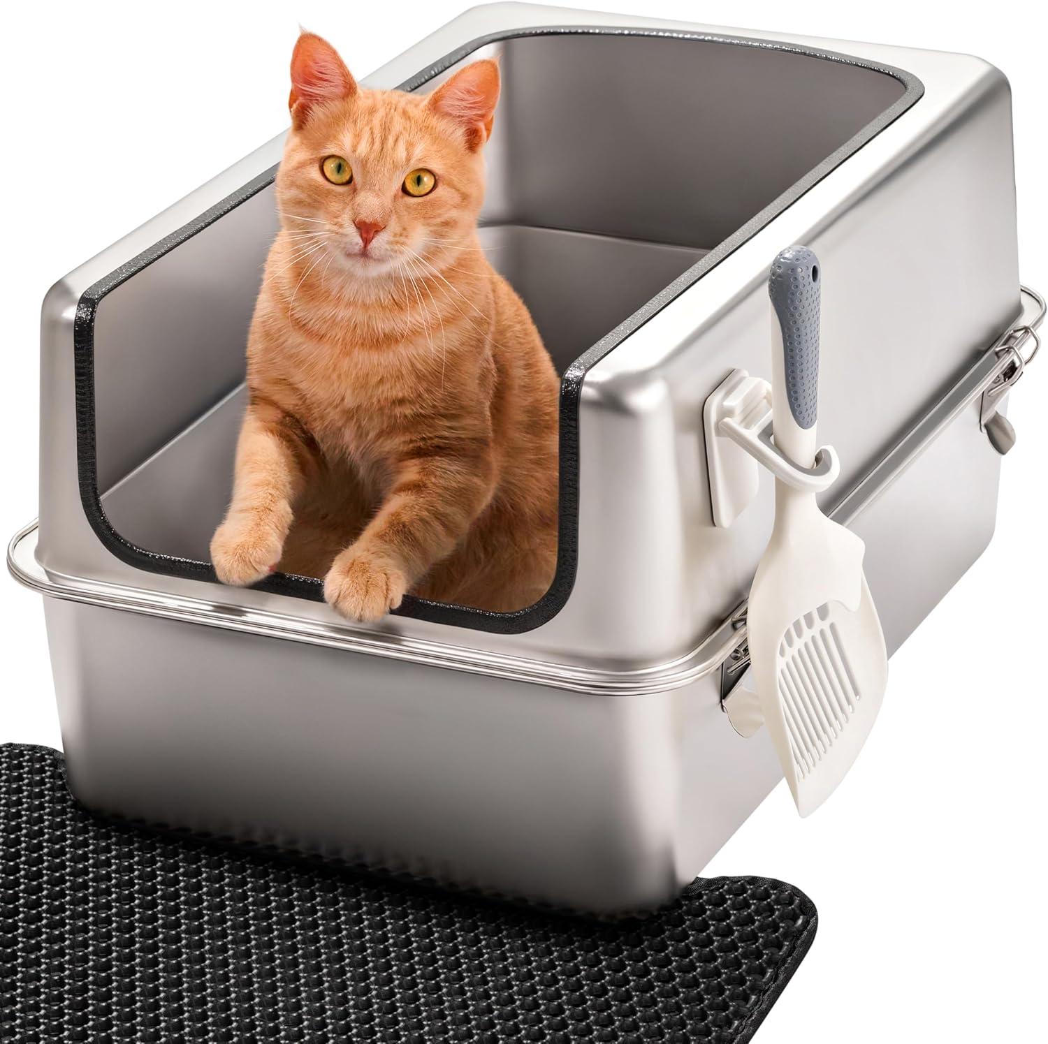 PRIORPET Katzenklo Edelstahl XXL – Leicht zu reinigen, geruchsresistent, hoher Rand – 38L, auslaufsicher, antihaft – inkl. Schaufel & Matte