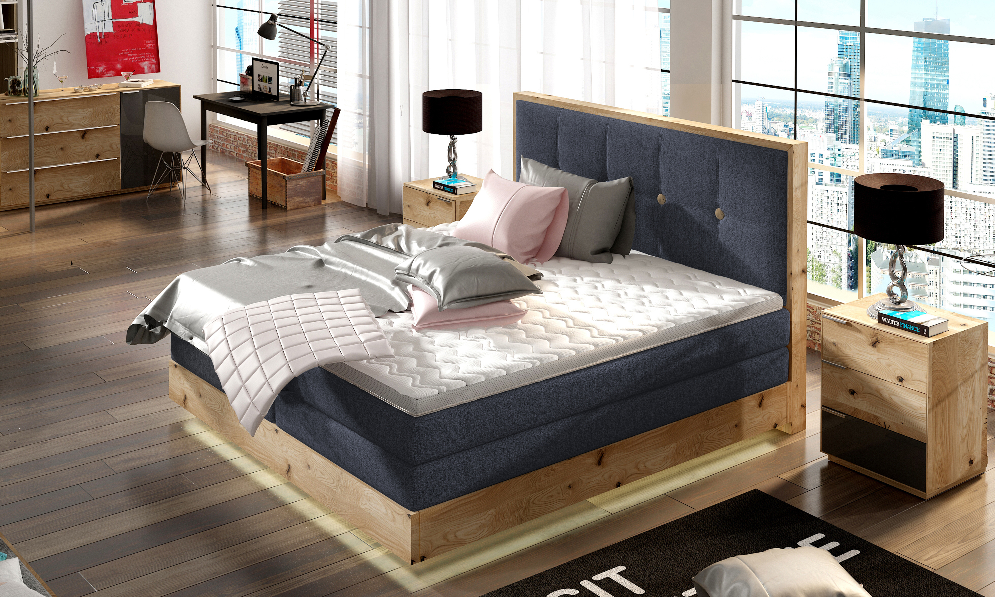 Schlafzimmer Bett Hochwertiges Boxspringbett ETNO Mit Bettkasten, Komfortabel und Elegant, Bonellfederkern, Premium Kaltschaum-Topper, Massivholz Eiche | 180x200 cm | Blau