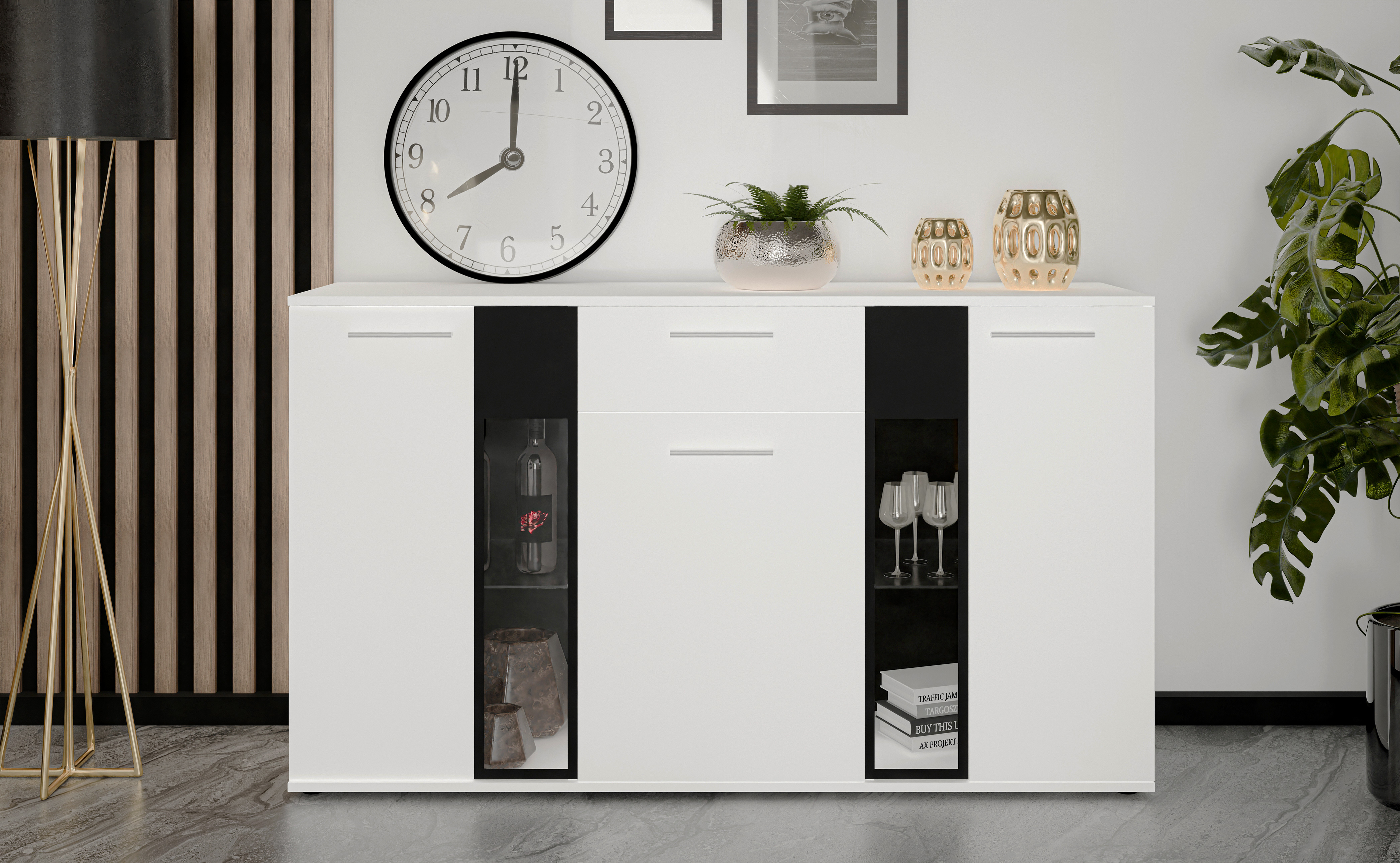 AX LIVING Formilo Sideboard Kommode weiß matt mit Schublade 140,4cm N0079