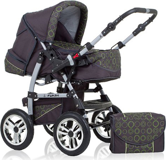 Kinderwagen-Set Flash 2 in 1 in Grau-grünes Dekor - 14 Teile - in 18 Farben erhältlich