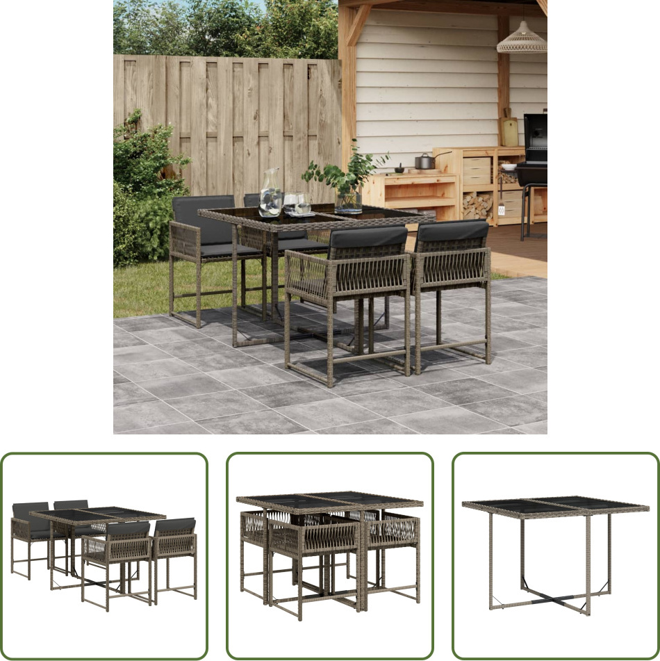 The Living Store 5-dielny záhradný jedálenský set s vankúšmi sivý polyratan