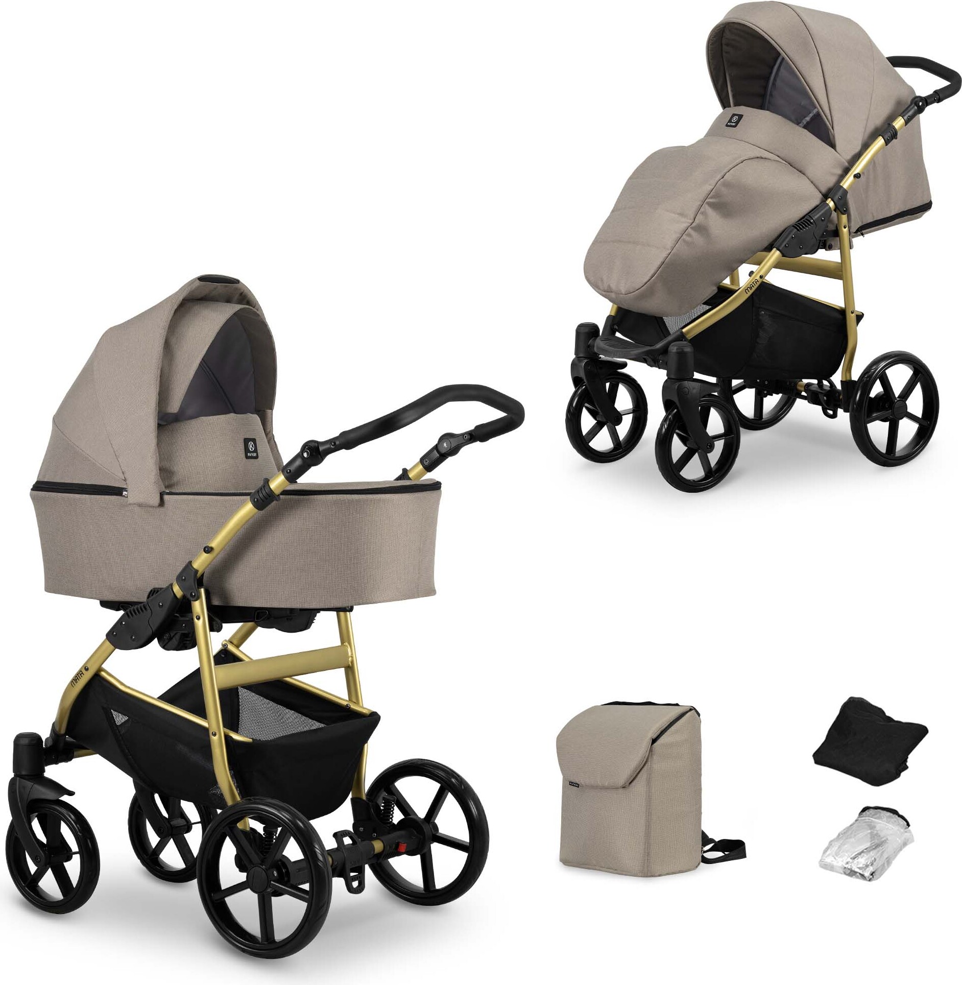 Kinderwagen MATA Sportwagen Babywagen Babyschale Komplettset Kinder Wagen Set 2 in 1 (mocca, Rahmenfarbe: Gold)