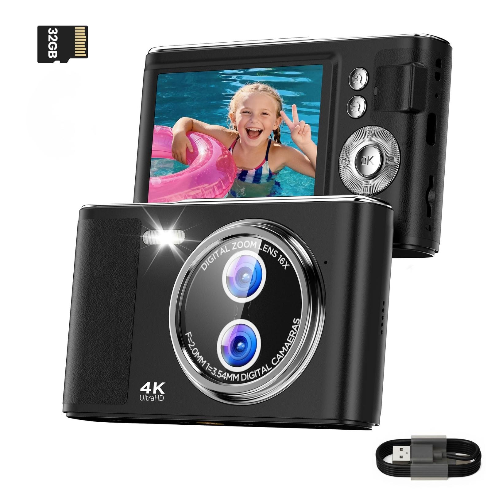 kuny 4K 48MP Digitalkamera für Kinder, Vlogging Kamera (32GB, 2,8" Display, Anti-Shake, 16X Zoom) Kompaktkamera Fotokamera für YouTube & Anfänger