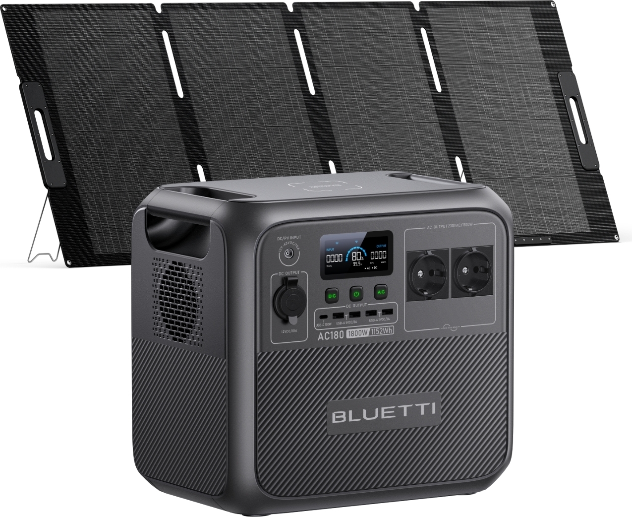 BLUETTI AC180 solárny generátor s MP200 solárnym panelom zahrnutý, prenosná elektrárna 1152Wh s 2 1800W (2700W výťah) výťahovým výťahom