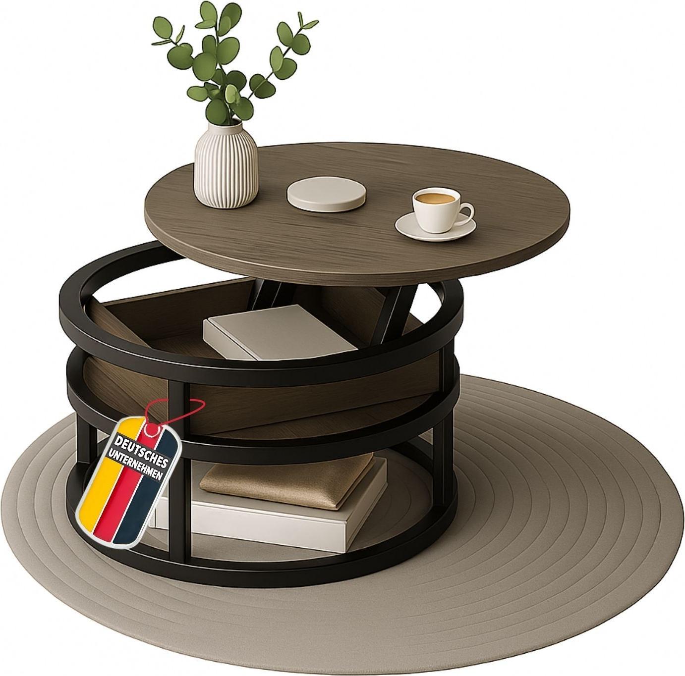 Coemo Couchtisch SWING Grau mit verstellbarer Tischplatte & verdecktem Aufbewahrungsfach, Metall & Holz, Beistelltisch für Wohnzimmer, Sofatisch rund mit Stauraum, Metalltisch modern, Tisch für die Couch